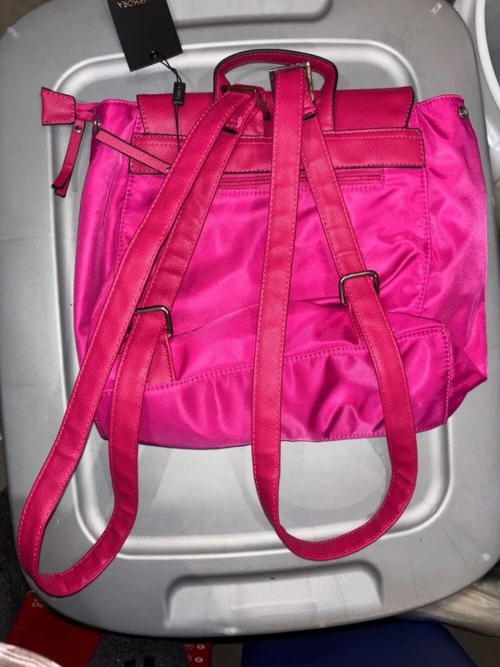 hot pink nylon backpack with dual front buckle pockets and silver-tone hardware - Picture 3 of 4